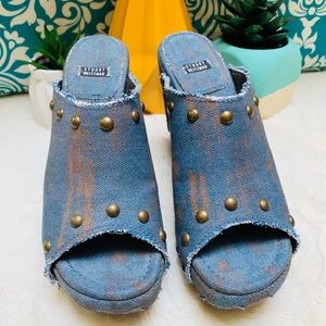 Stuart Weitzman Distressed Denim Studded Mule